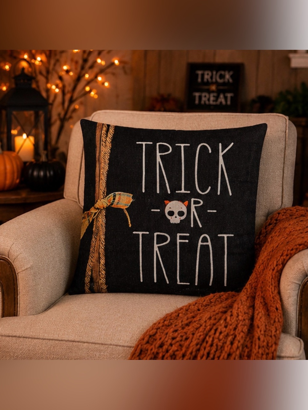Decorative Halloween “Trick or Treat” with skull throw pillow COVER